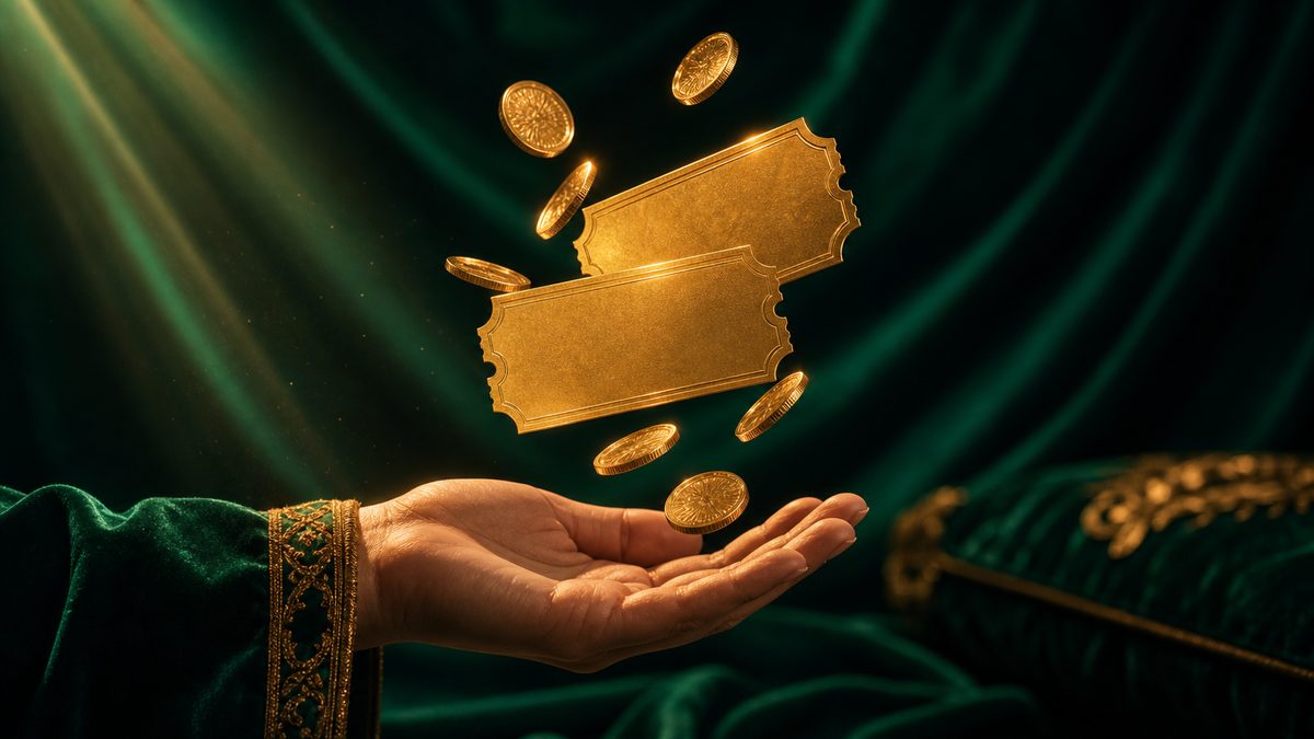 Tiket masuk emas dan koin-koin emas melayang di atas telapak tangan terbuka dengan latar beludru hijau