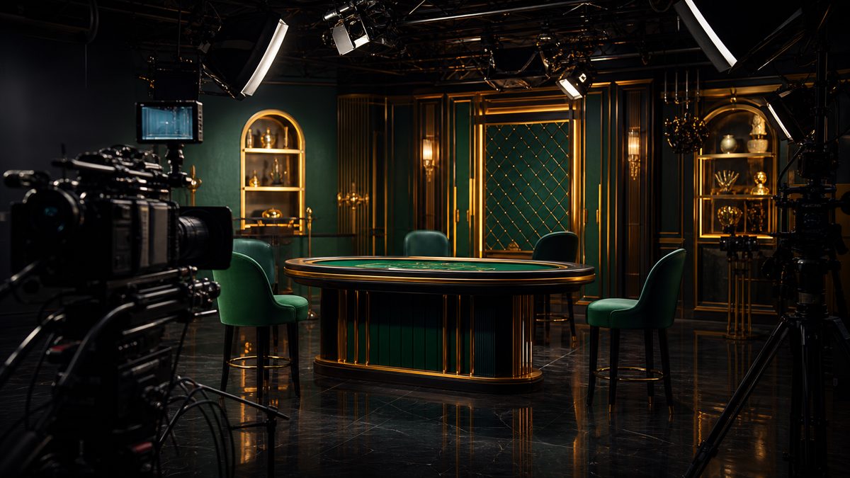 Rangkaian kamera profesional dan lampu studio mengarah ke meja permainan hijau zamrud di studio casino live