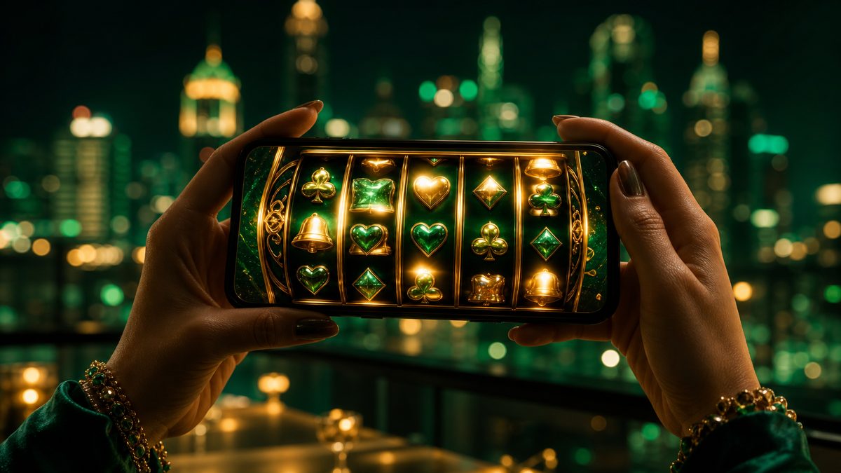 Tangan memegang ponsel dengan layar menampilkan gulungan slot berwarna emas