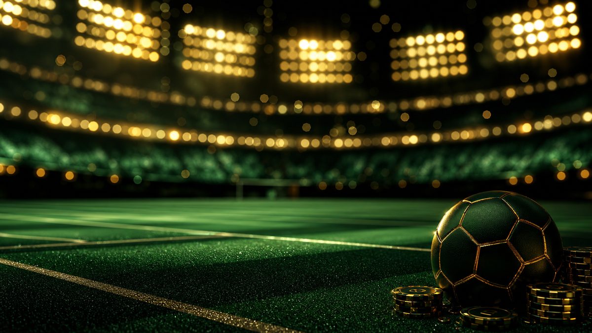 Papan lampu stadion bercahaya emas dengan bokeh di atas lapangan hijau malam