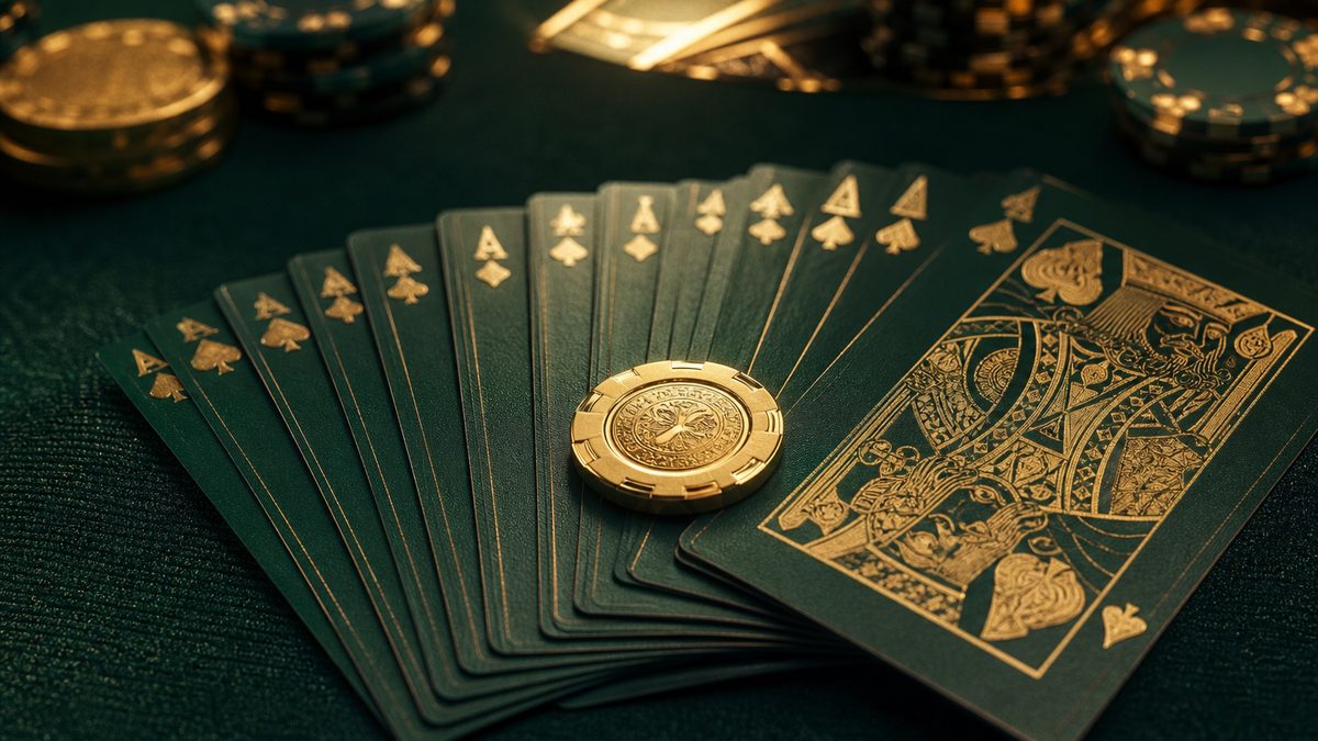 Kipas kartu remi terbuka rapi di atas kain hijau tua dengan satu chip emas di atasnya