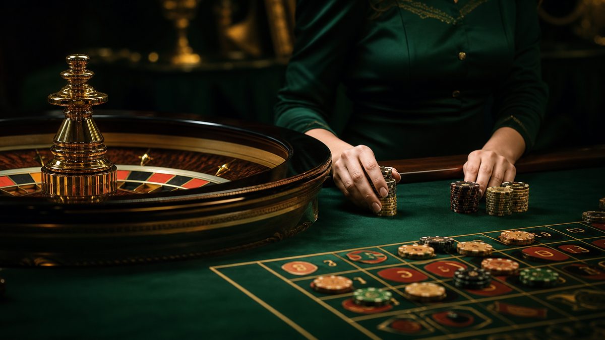 Meja roulette dengan kain hijau zamrud dan roda emas mewah di studio casino live