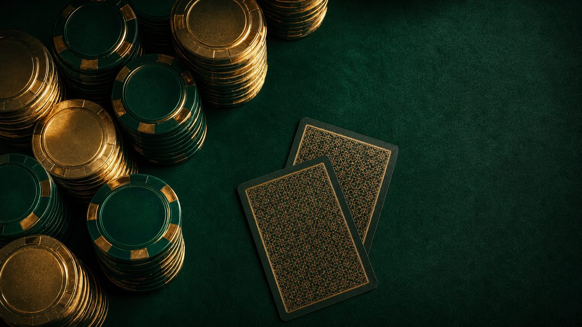 Tumpukan chip poker emas dan kartu terbuka di atas kain hijau tua