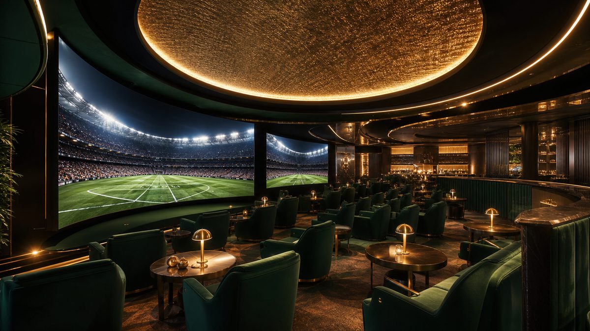 Lounge sportsbook modern dengan layar lengkung menayangkan stadion sepak bola
