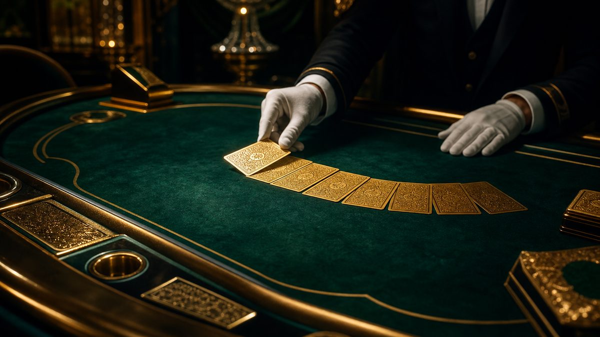 Tangan dealer dengan sarung tangan membagikan kartu emas di meja baccarat melengkung