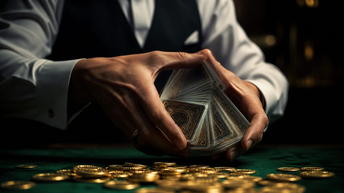 Tangan dealer mengocok kartu di atas tumpukan chip emas dengan efek kabur dramatis