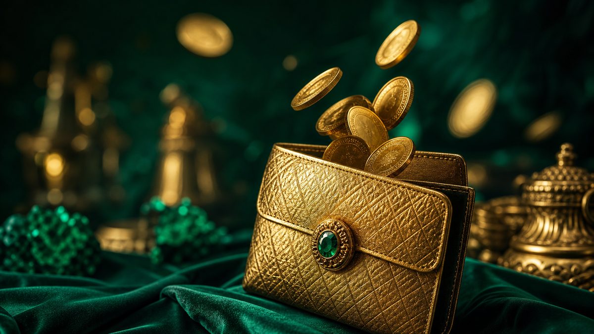 Dompet emas premium dengan koin yang meluncur masuk