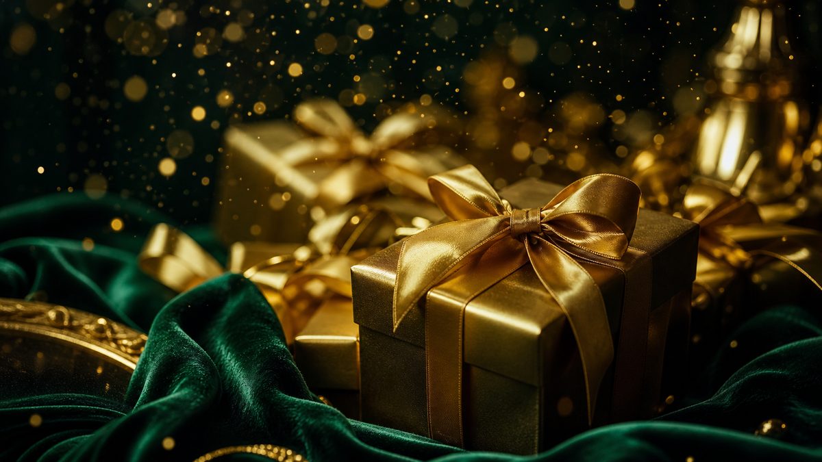 Kado-kado emas berpita di atas kain beludru hijau zamrud dengan confetti cahaya